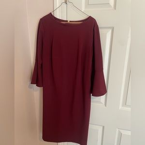 Burgundy Calvin Klein dress with bell sleeves &  gold zipper detail.  Size 14w.